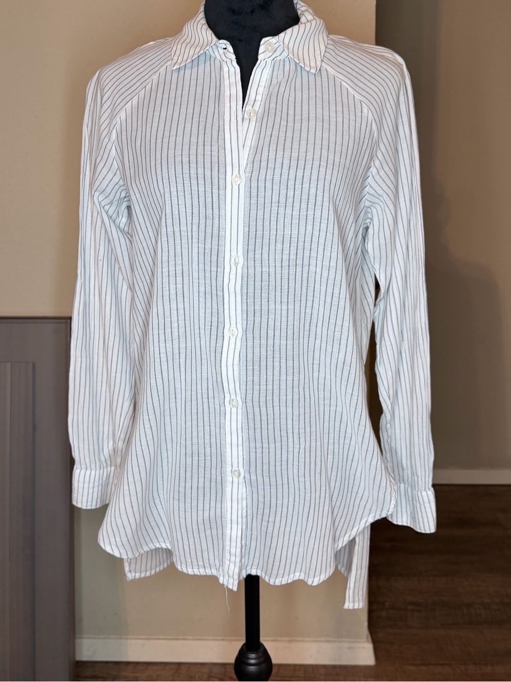 happening in the present White Button-Up Shirt with Navy Pinstripes